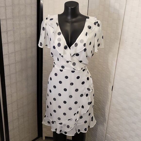 BRAND NEW KARL LAGERFELD PARIS WOMEN'S FAUX WRAP RUFFLE CHIFFON DRESS - Picture 5 of 16